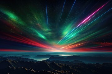 A breathtaking view of a mountain range illuminated by vibrant aurora lights.  - Powered by Adobe