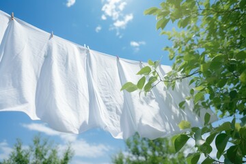 A white shirt is hanging on a clothes line. This image can be used to represent laundry, clothing care, or a clean and organized lifestyle.