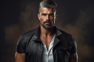 A man in a leather jacket striking a pose for a photograph. This image can be used for fashion magazines, blogs, or websites looking for edgy and stylish visuals.