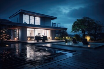 A house with a pool in front of it, illuminated by the night sky. This image can be used to showcase a luxurious residential property with a beautiful outdoor pool. - obrazy, fototapety, plakaty