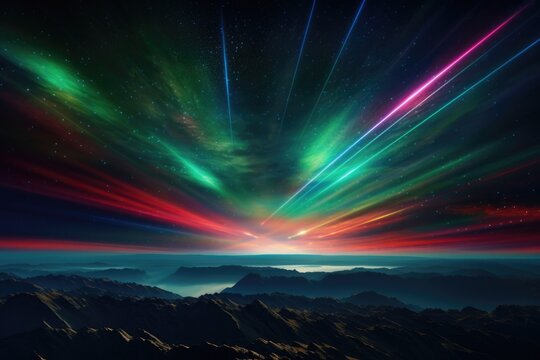 A breathtaking view of a mountain range illuminated by vibrant aurora lights. 