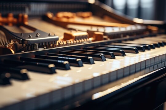 A detailed view of a piano keyboard in a room. This image can be used to represent music, creativity, or the art of playing the piano.