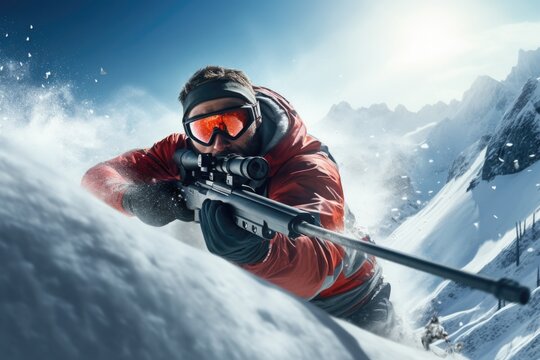 A man is skiing down a snowy mountain. This image can be used to depict winter sports and outdoor activities.