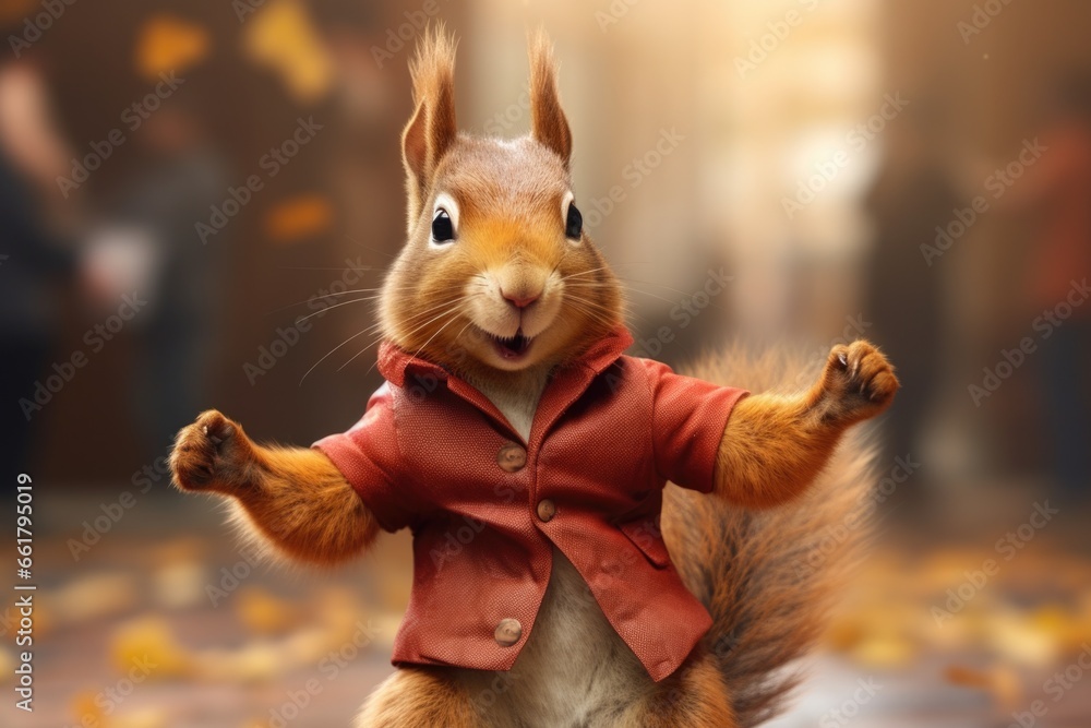 Poster A squirrel dressed in a red jacket stands upright on its hind legs. This charming image can be used to add a touch of whimsy to various projects.