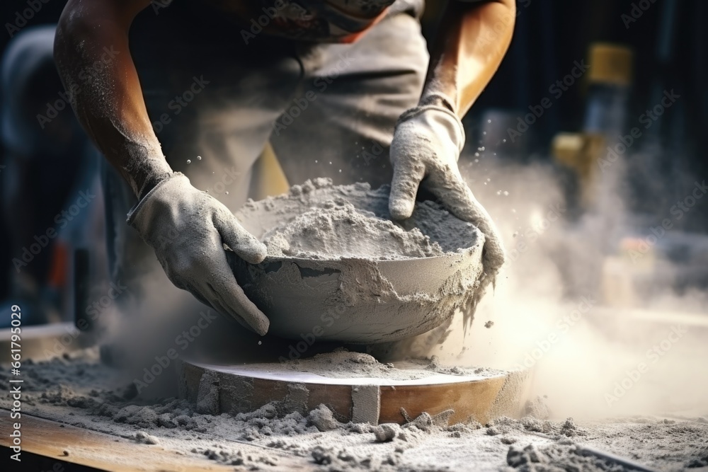 Poster A man is shown in the process of creating a bowl out of cement. This versatile image can be used to showcase DIY projects, construction, craftsmanship, or home improvement.