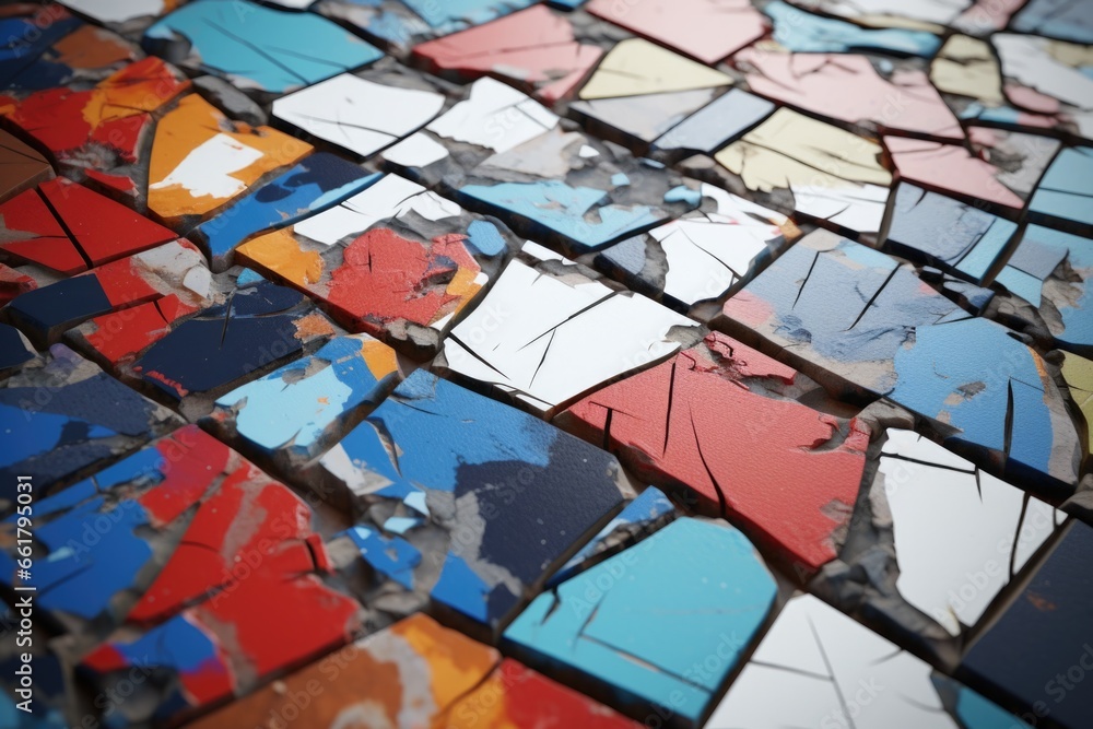 Poster A close-up view of a vibrant and colorful mosaic table. 