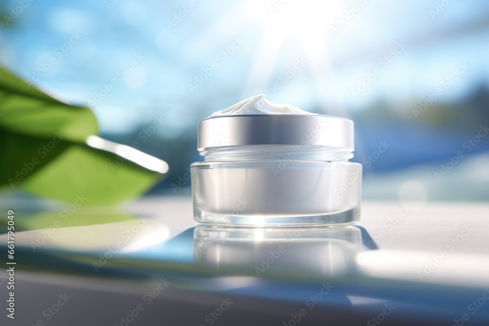 Poster a jar of cream sitting on top of a table. this versatile image can be used for various purposes.