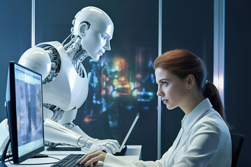 A woman at a computer programs a humanoid robot.