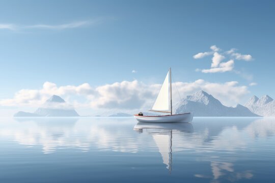 A sailboat peacefully floating in the middle of a large body of water. Ideal for travel brochures, nautical-themed websites, or as a background image for inspirational quotes.