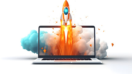 Cinematic rocket Takes off From the Laptop Screen on white background - obrazy, fototapety, plakaty