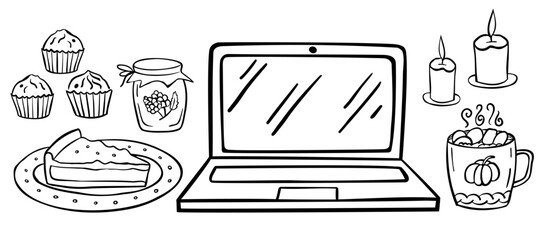 Breakfast on the laptop. Set of elements - laptop, cup coffee, muffins, jam, piece of pie - isolated on a white background. Outline style. Vector illustration. Perfect for menu, coloring book 