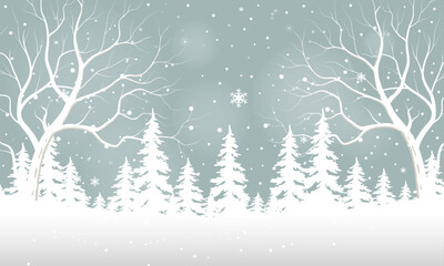 Obraz premium White tree forest background and snowing for winter season concept. Hand drawn isolated illustrations.