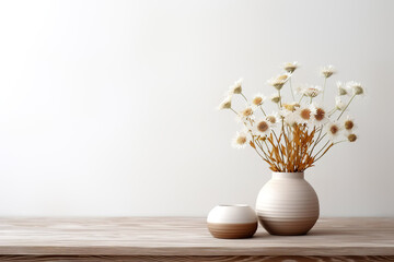 Wooden table with beige clay vase with bouquet of chamomile flowers near empty, blank white wall. Home interior background with copy space. © Vadim Andrushchenko