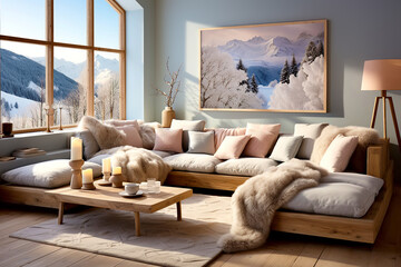 Cozy corner sofa with many grey and pink pillows and fur blankets. Warm and inviting winter atmosphere. Nordic, scandinavian home interior design of modern living room in chalet in mountains. - obrazy, fototapety, plakaty