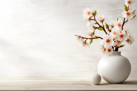 Blooming branch in ceramic vase on wooden table against beige stucco wall with copy space. Home interior background of living room.