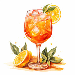 Illustration of a glass of aperol spritz with lemons.