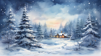 Fototapeta na wymiar Majestic Christmas, Enchanting Watercolor Illustration of Forested Hut and Magical Tree, Illuminated Winter Landscape, Captivating Postcard Design
