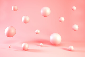 Coral balls on light pink background. 3d Pink bubbles or spheres backdrop, 3d render.