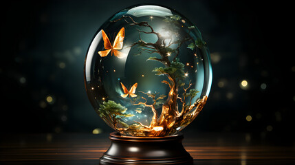 A crystal ball filled with a growing tree and beautiful butterflies. Symbolizing never giving up on your dream.  - obrazy, fototapety, plakaty