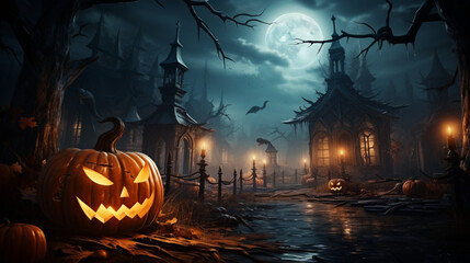 painting of Halloween pumpkin head jack lantern with burning candles, Spooky Forest with a full moon