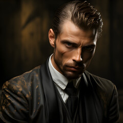 Fototapeta premium A portrait of a caucasian man with a dirty suit looking intensely into the camera.