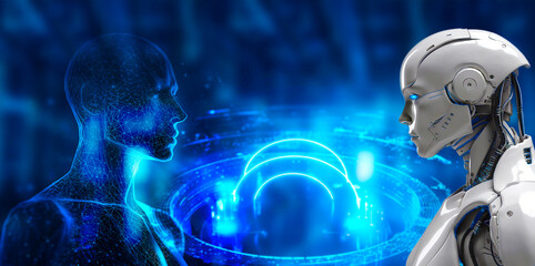 White Humanoid robot and blur wireframe hologram man  interface with blue futuristic technology graphic background, Innovation, AI artificial intelligence. - obrazy, fototapety, plakaty