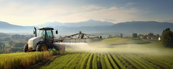 Tractor spraying pesticides at the field