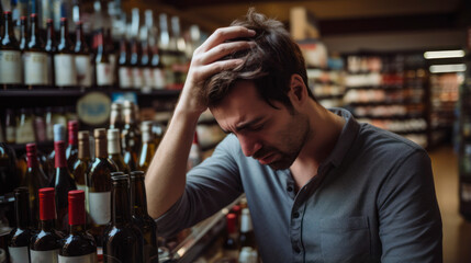 Drunk and depressed sad young man suffer from headache and alcohol withdrawal - obrazy, fototapety, plakaty