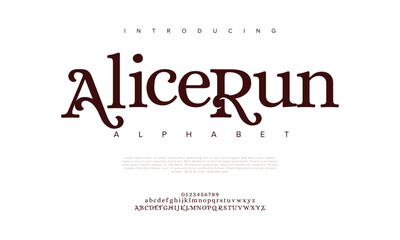 Alicerun premium luxury elegant alphabet letters and numbers. Elegant wedding typography classic serif font decorative vintage retro. Creative vector illustration
