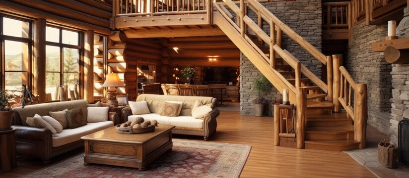 Spacious living room in grand log cabin with sizable staircase With copyspace for text