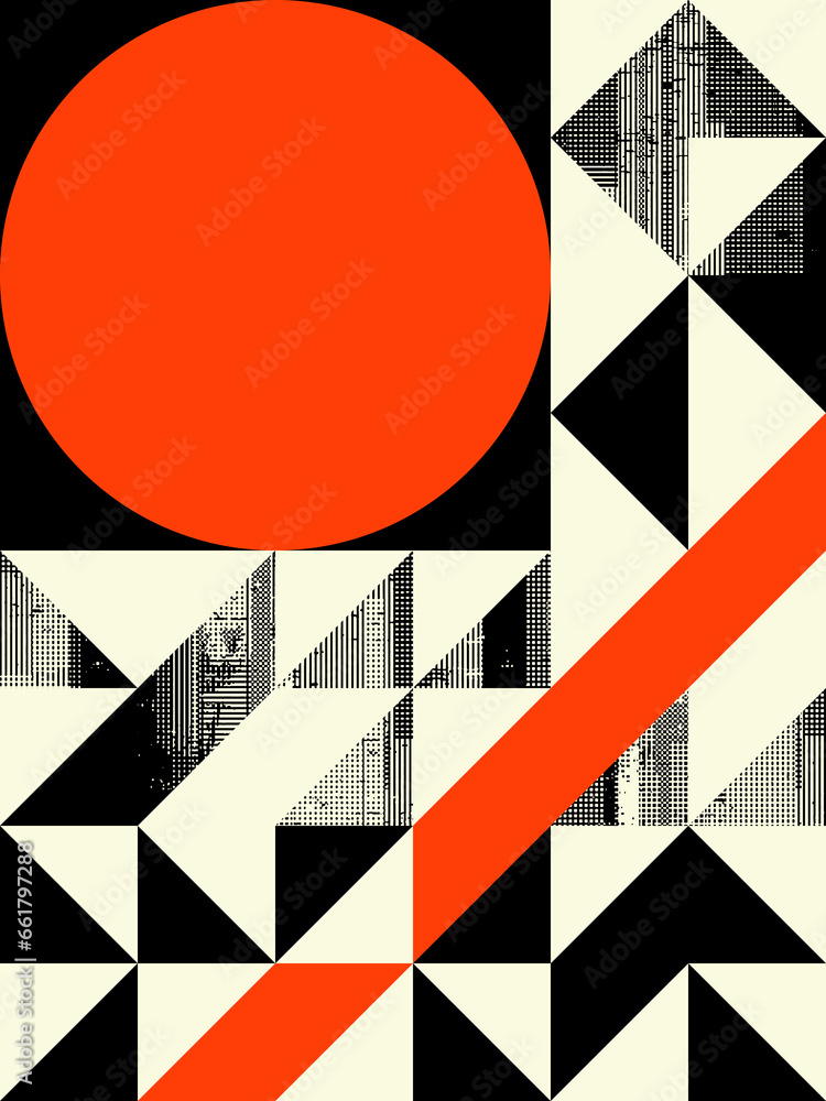 Poster abstract colour bitmap composition created using geometric shapes and grunge style texture.