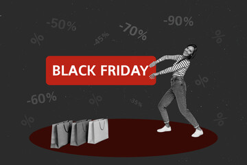Collage photo billboard young charming advertiser girl shopping assistant drag black friday slogan...