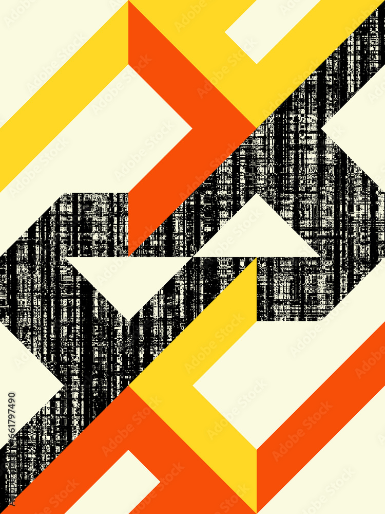 Poster abstract colour bitmap composition created using geometric shapes and grunge style texture.