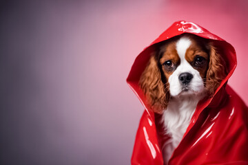  Stile canino alla moda, Kavalier King con cappottino rosso - obrazy, fototapety, plakaty