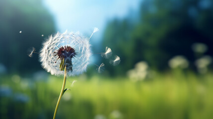 a beautiful close-up of a dandelion at the moment when the seeds fly from it on the background of a green meadow in the morning sunlight