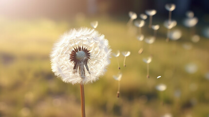 a beautiful close-up of a dandelion at the moment when the seeds fly from it on the background of a green meadow in the morning sunlight