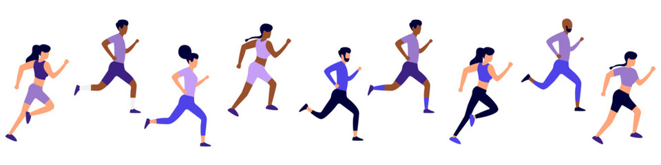 Fototapeta na wymiar A group of people running a marathon. Marathon runners competing for victory in running. Healthy lifestyle concept. Vector illustration on isolated background. Stock illustration EPS 10