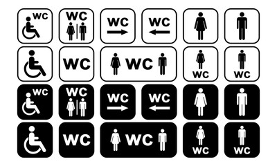 WC icons set. Toilet sign. Man, woman, collection of disabled people silhouettes. Toilet for men and women. Public restroom sign. Vector icons EPS 10