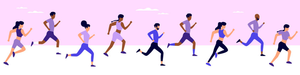 A group of people running a marathon. Marathon runners competing for victory in running. Healthy lifestyle concept. Vector illustration. Stock illustration EPS 10