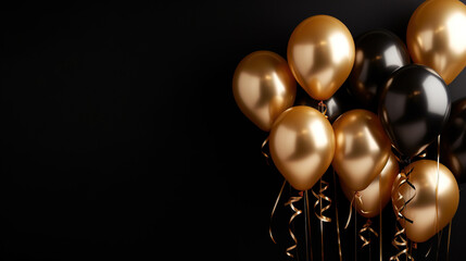 Black and gold balloons background with copy space. AI