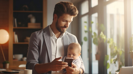 Male entrepreneur using smart phone for work while carrying cute baby - obrazy, fototapety, plakaty