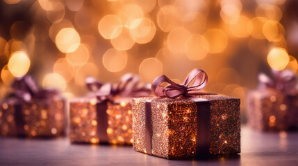 Christmas gifts festively wrapped with a ribbon in golden colors.