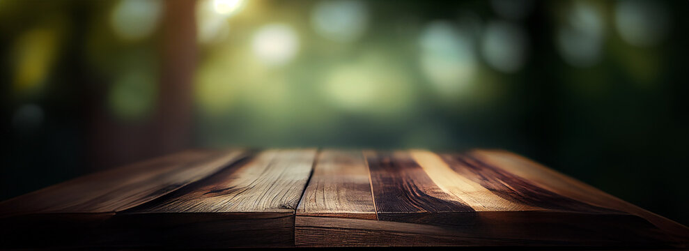 Empty wooden table top with blur garden background with bokeh for product display stage podium