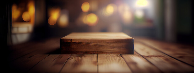 Empty wooden table top with blur garden background with bokeh for product display stage podium - obrazy, fototapety, plakaty