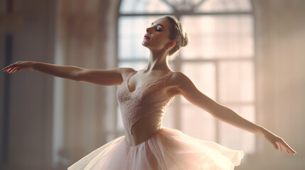 delicate female ballerina in a performance dress gently spread her arms to the sides in a beautiful light - obrazy, fototapety, plakaty
