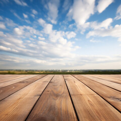 Fototapeta na wymiar wooden table surface and blue sky in perspective