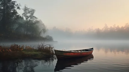 Papier Peint photo Lavable Matin avec brouillard beautiful old wooden empty boat near the shore on a calm river covered with morning fog