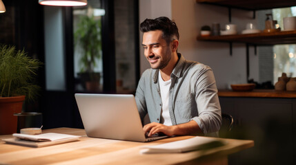 Male freelancer working on laptop at home or work from home concept
