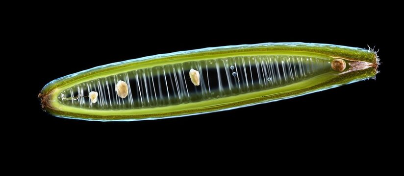 Microscopic photo of Euglena spirogyra a flagellate with spiral eyespot large paramylon grains chloroplasts and flagellum at 100 taken using DIC With copyspace for text