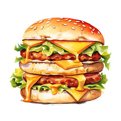 Double Cheeseburger Watercolor Illustration, Isolated - Delicious Fast Food Art